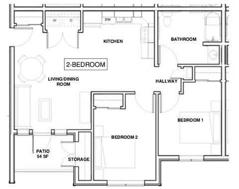 Floor plan for 2 beds, 1 bath, 951 sqft